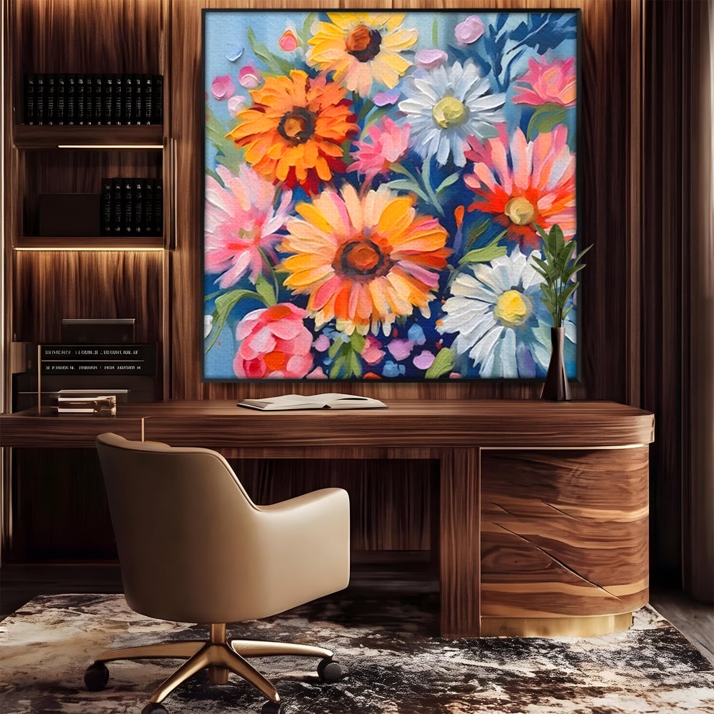 Tablou canvas cu tablou canvas cu buchet de flori, in rama de aluminiu negru, pe perete intr-un birou